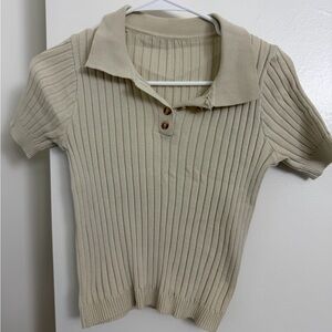 YesStyle Ribbed Knit Collared Tee - Beige